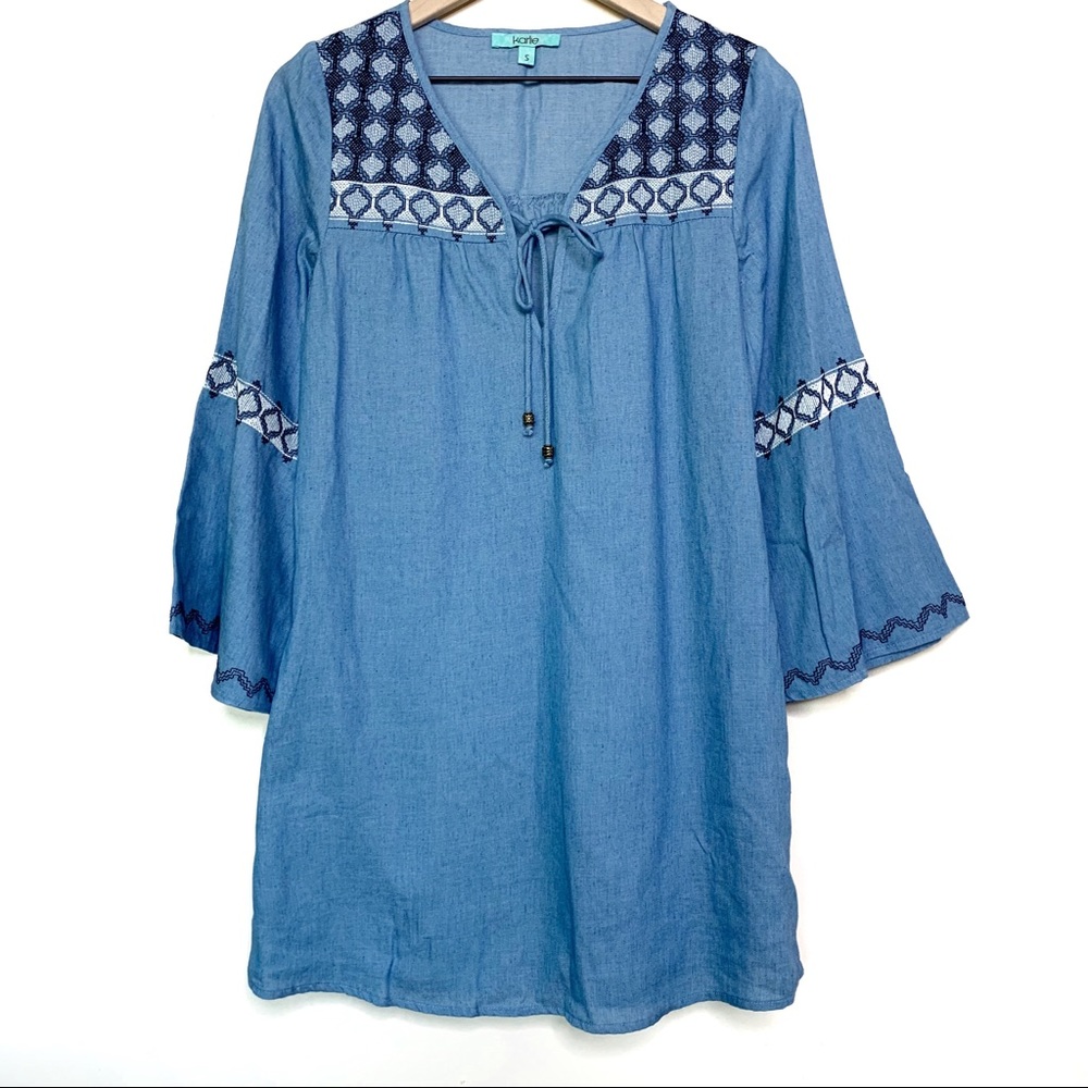 Karlie Chambray Blue Bell Sleeve Dress Size Small
